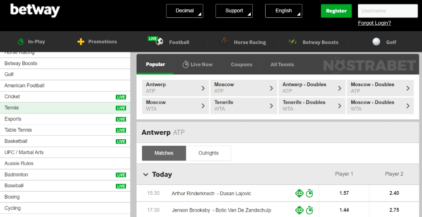 betway tennis bets