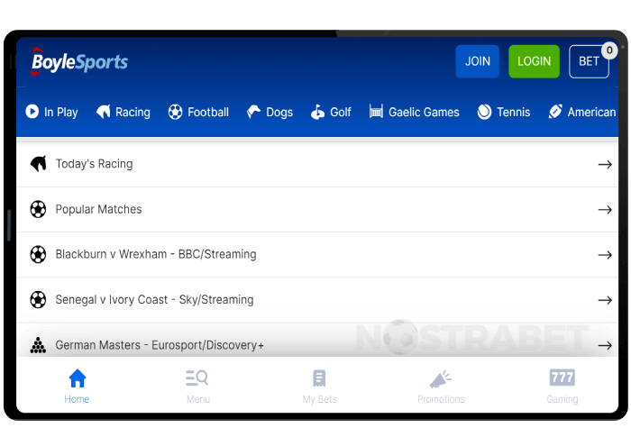BoyleSports Mobile Version on Tablet