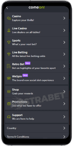 ComeOn mobile Android app menu