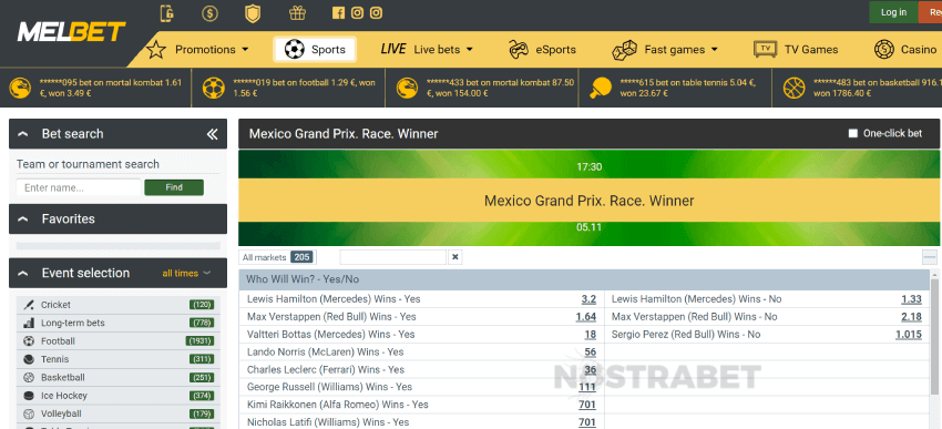 melbet formula 1 betting