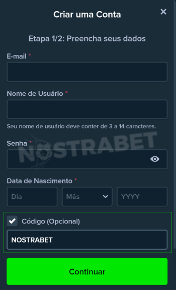 Campo de código de b?nus da Stake